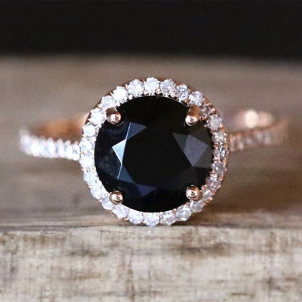 *NEW 18K Rose Gold Diamond Halo Black Onyx Ring